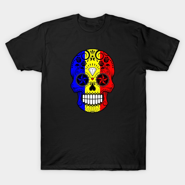 Romanian Flag Sugar Skull with Roses T-Shirt by jeffbartels